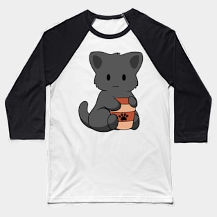 Black Cat with Coffee Short Tail Baseball T-Shirt